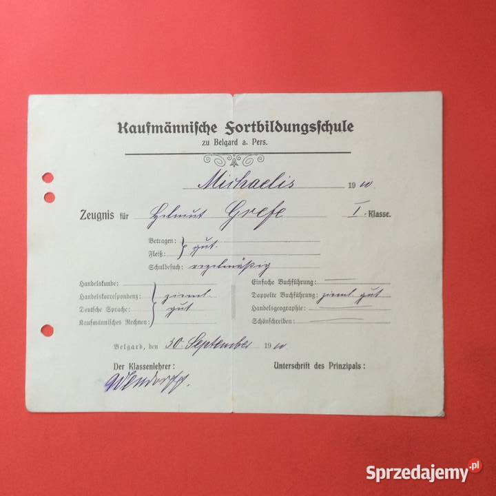 1815 Niem Świadectwo Komercyjej Szk zachodniopomorskie Szczecin