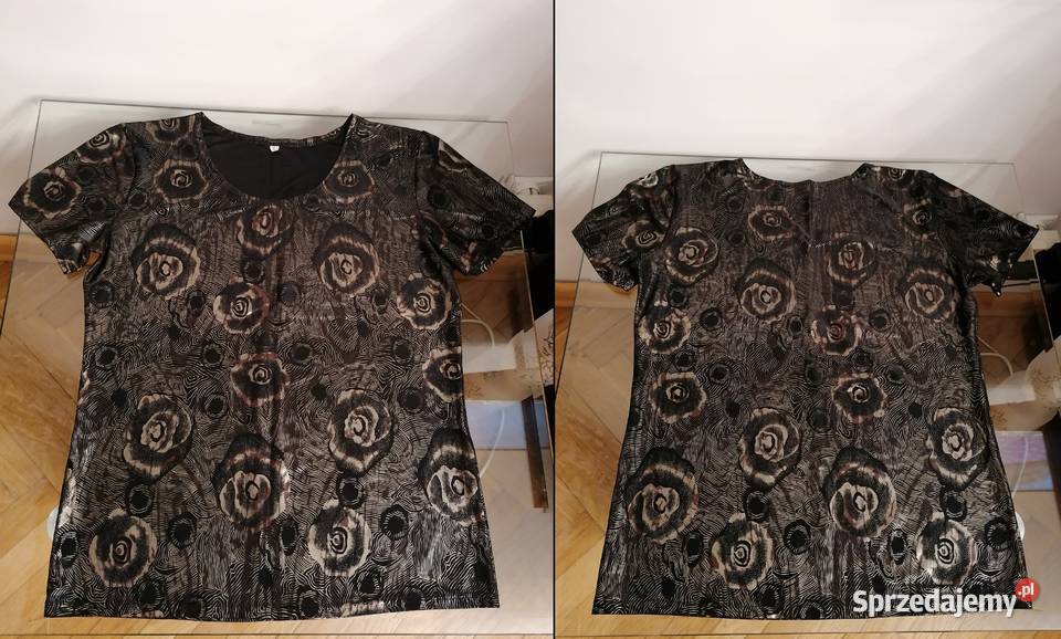 BRĄZOWO ZŁOTA BŁYSZCZĄCA BLUZKA MOTYW KWIATOWY krótki Łódź sprzedam