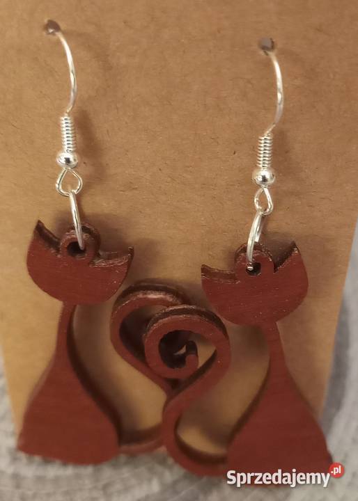 Kolczyki drewniane koty handmade śląskie Sosnowiec