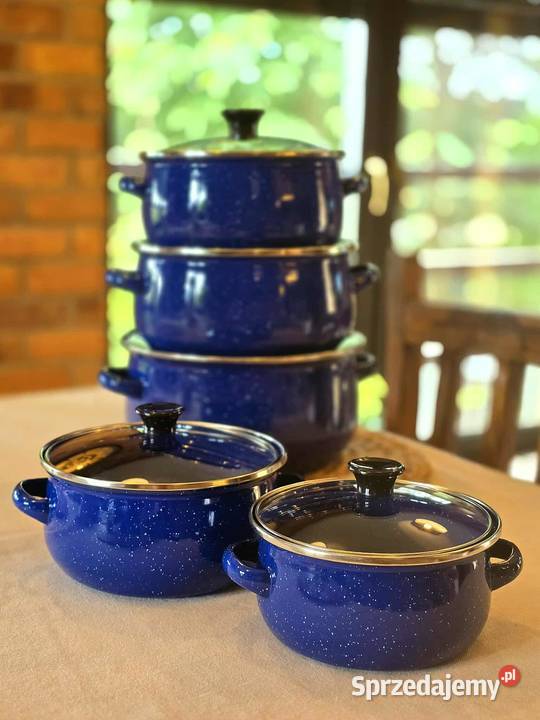 Komplet garnków emaliowanych niebieskie kropki Pozostałe Kraków