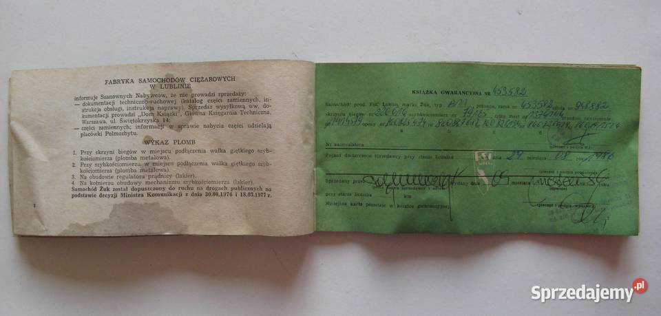 Żuk Książka Gwarancyjna 1986 sprzedam