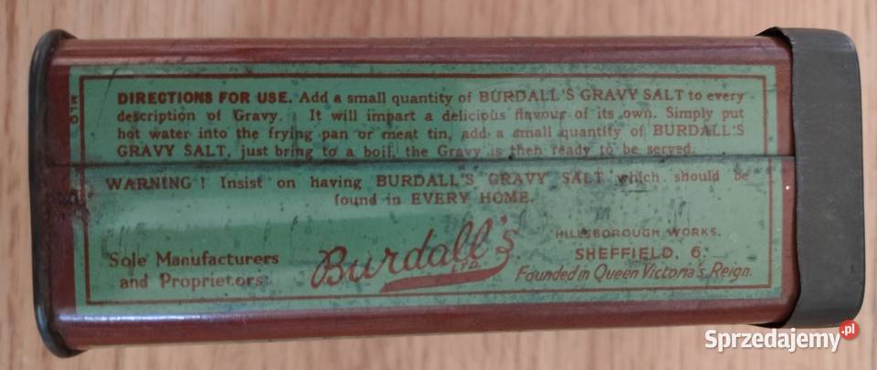 Stara puszka Burdalls Gravy Salt vintage UK lata podkarpackie Wólka Pełkińska