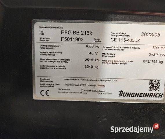Nowy wózek widłowy Jungheinrich EFG BB216k elektryczny Wózki widłowe Szczecin sprzedam
