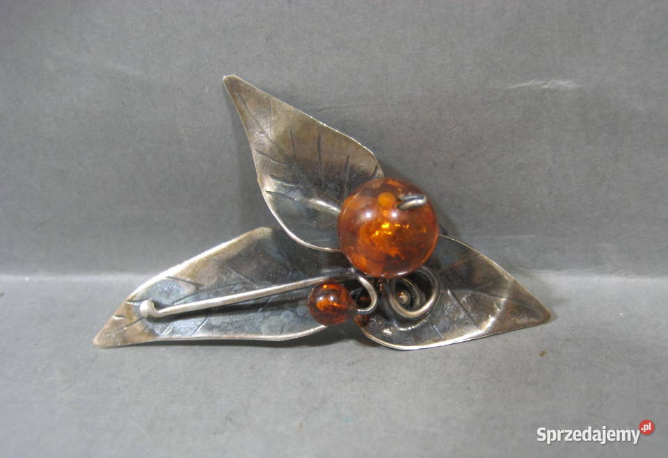 Stara Broszka Srebrna z Bursztynem Vintage Warszawa
