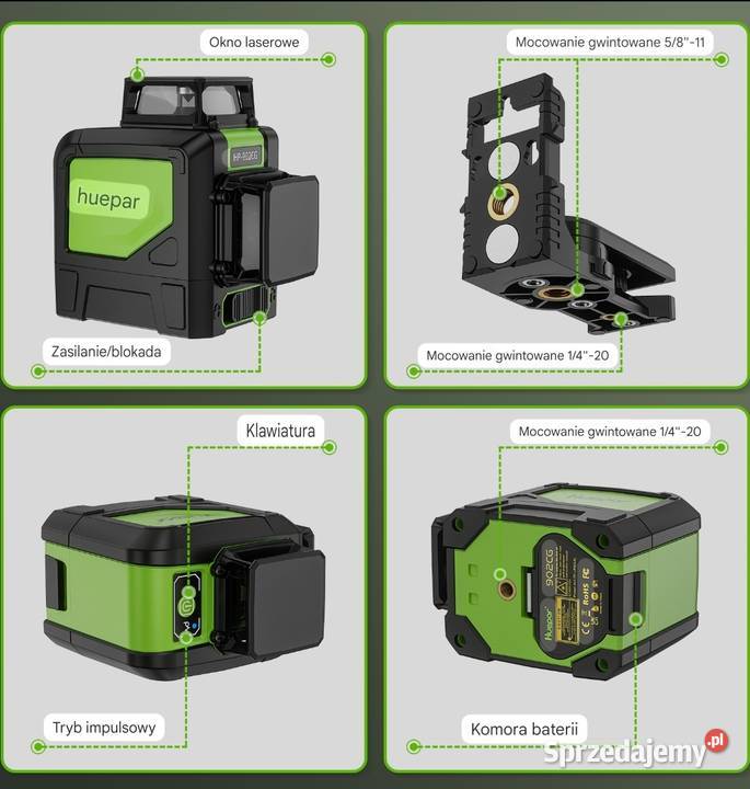 Poziomica laserowa Niwelator 2d 360 huepar Lasery krzyżowe Pionki