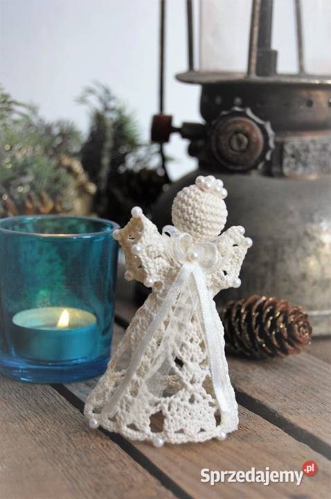 Aniołek szydełkowy z perełkami ecru kremowy 10 Lublin