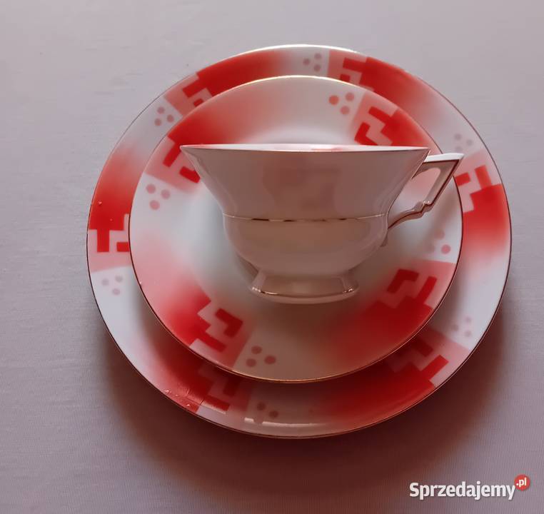 Trio śniadaniowe art deco zdobienia Spritzdekor Porcelana i szkło wielkopolskie Koźminek