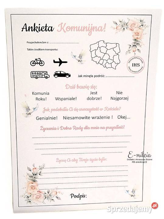Papeteria Dodatki Komunijne Ankiety Ankieta lubuskie Zielona Góra sprzedam