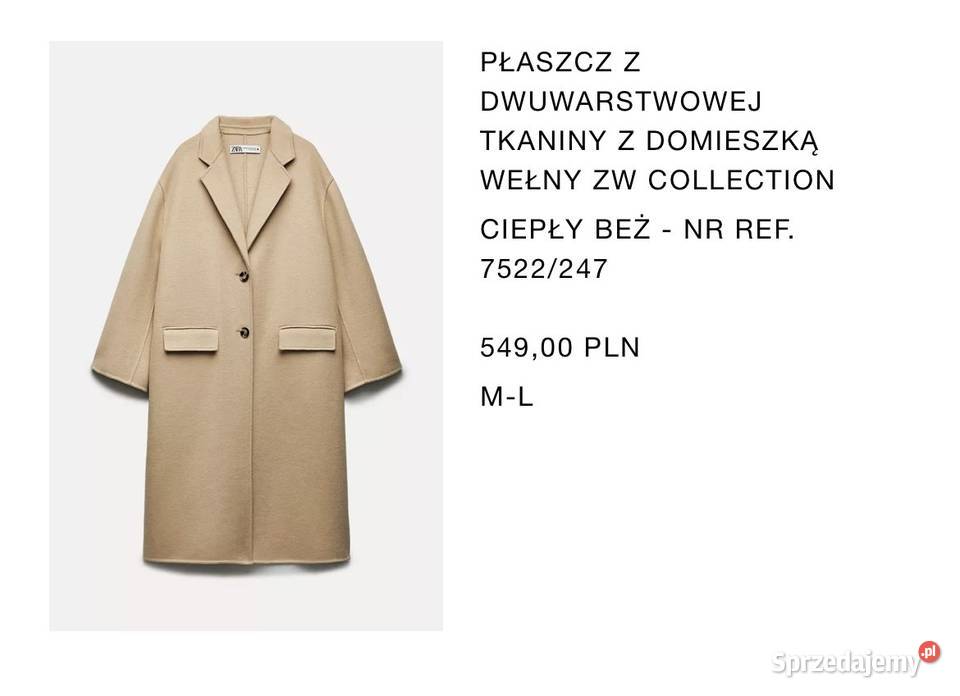 Wełniany płaszcz Zara 50 wełny Rozmiar 38(M)