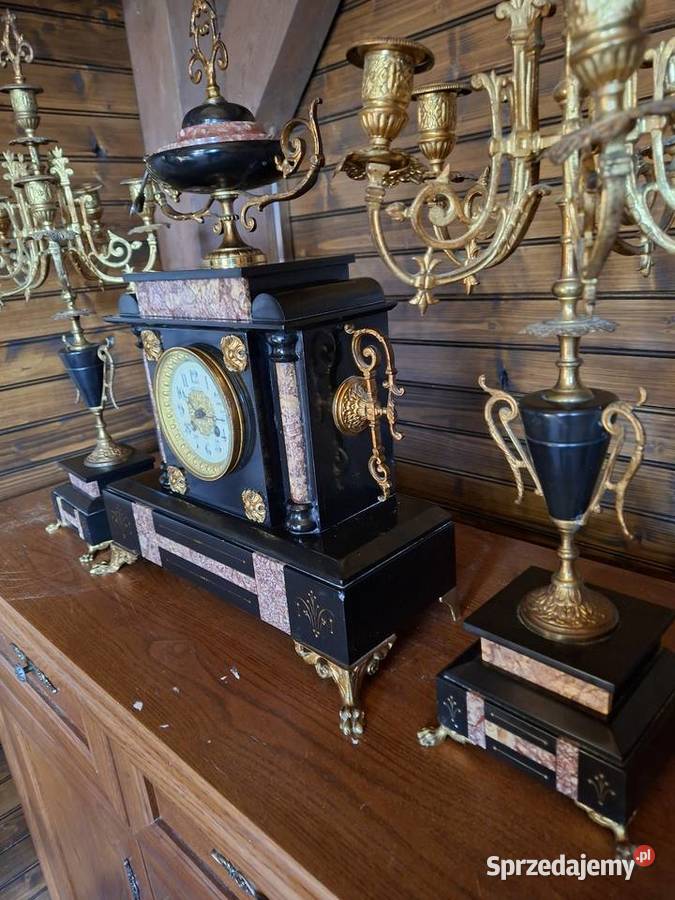 Marmurowy zegar kominkowy plus dwa kandelabry Dom i Ogród
