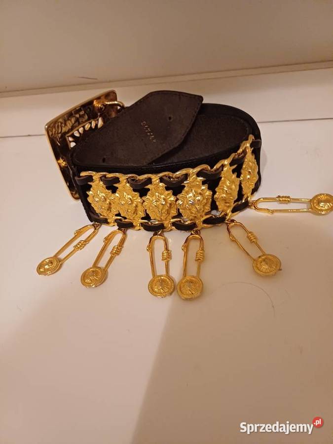 Ozdobny czarny pasek złota klamra głowy tygrysów 5cm Gdynia