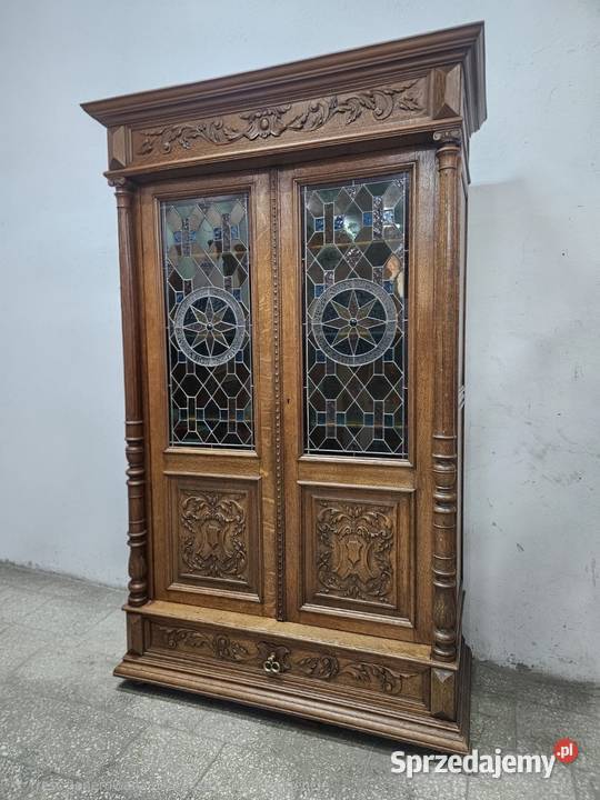 Stara dębowa biblioteczka eklektyczna z witrażem Nowy Sącz