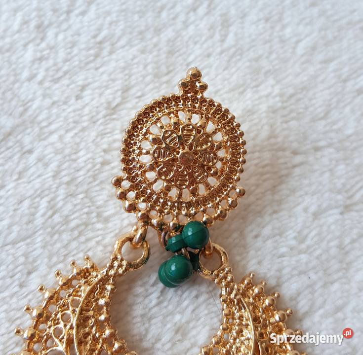 Duże kolczyki złoty kolor zielone koraliki Kolczyki zachodniopomorskie Szczecin