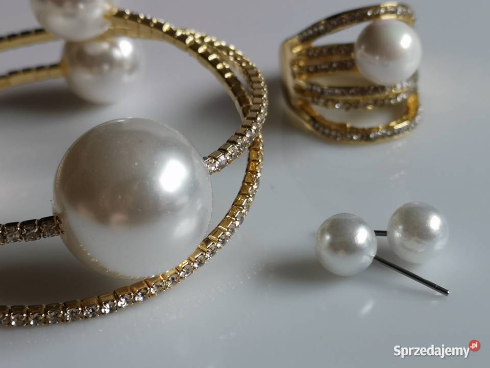 Komplet biżuterii duże perły cyrkonie ślub złoty
