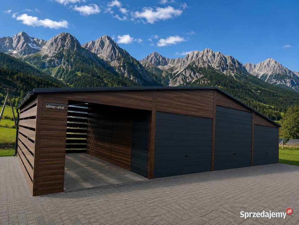 Garaż blaszany 12x6 3 bramy drewutnia 3m filc