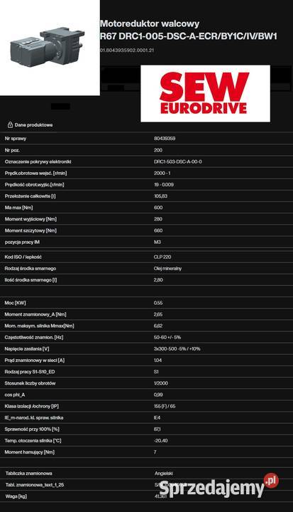 motoreduktor przekładnia 055kW 190009obr 3fazowy kujawsko-pomorskie Pigża