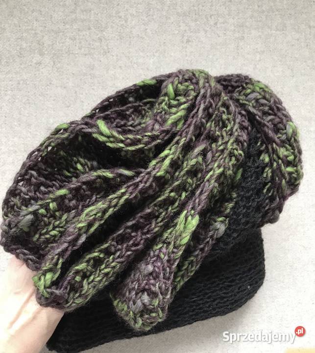 Czarny szal handmade angora zielone wykończenie Warszawa