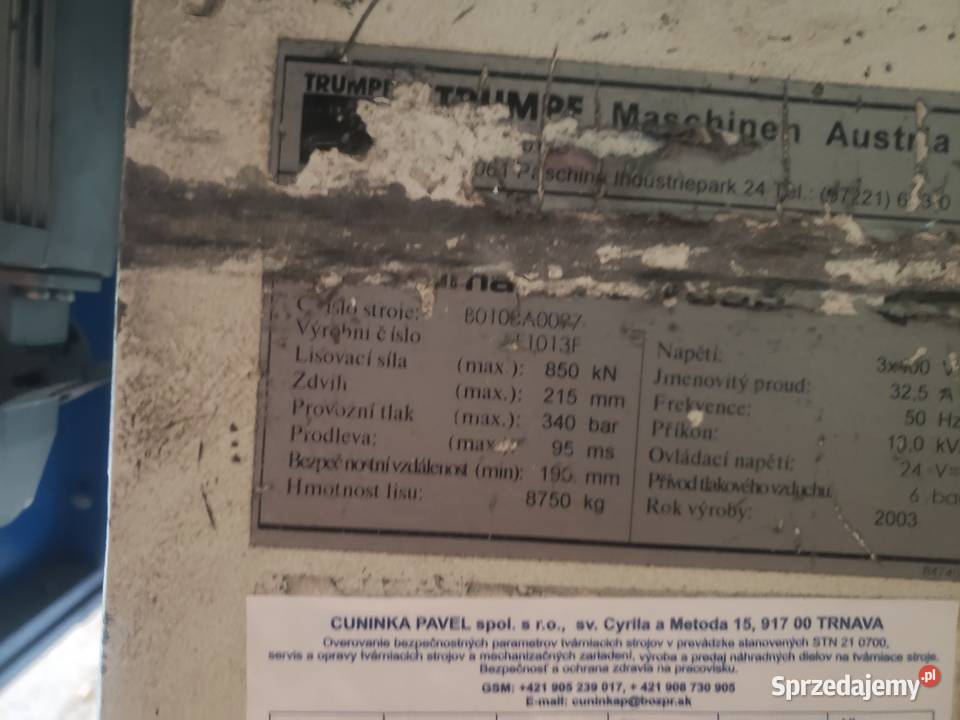 CNC prasa krawedziowy TRUMPF V 85S z 2003 roku Chochołów