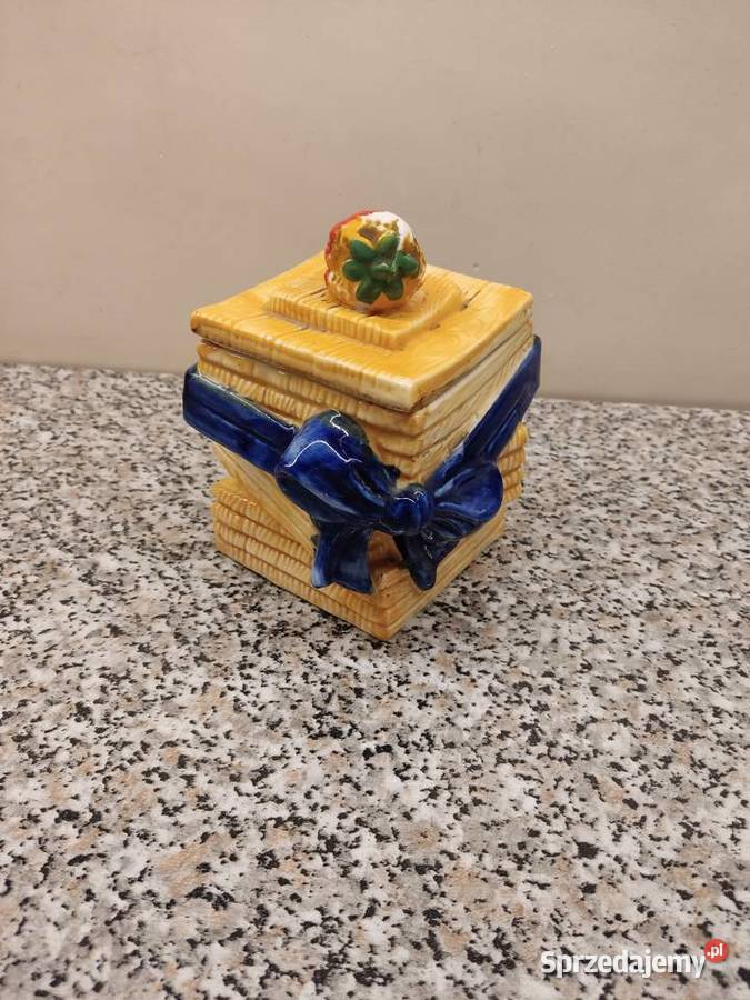 Pojemnik ceramiczny żółty z niebieską kokardką i Głuchołazy