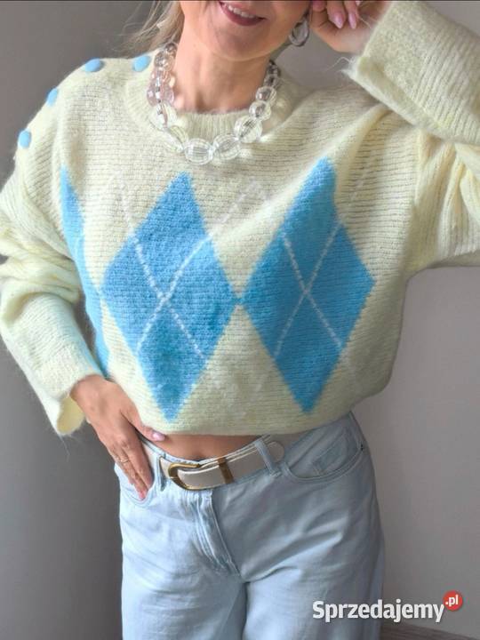 Pastelowy sweter damski w romby oversize guziki Inny materiał Ruda Śląska