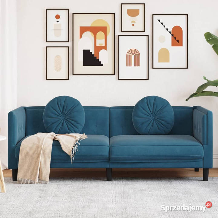 Sofa 3osobowa z poduszkami niebieska aksamit Warszawa