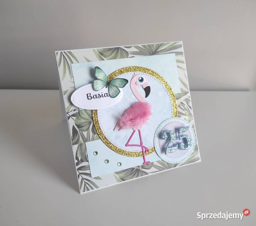 Kartka urodzinowa ręcznie robiona z flamingiem Łódź
