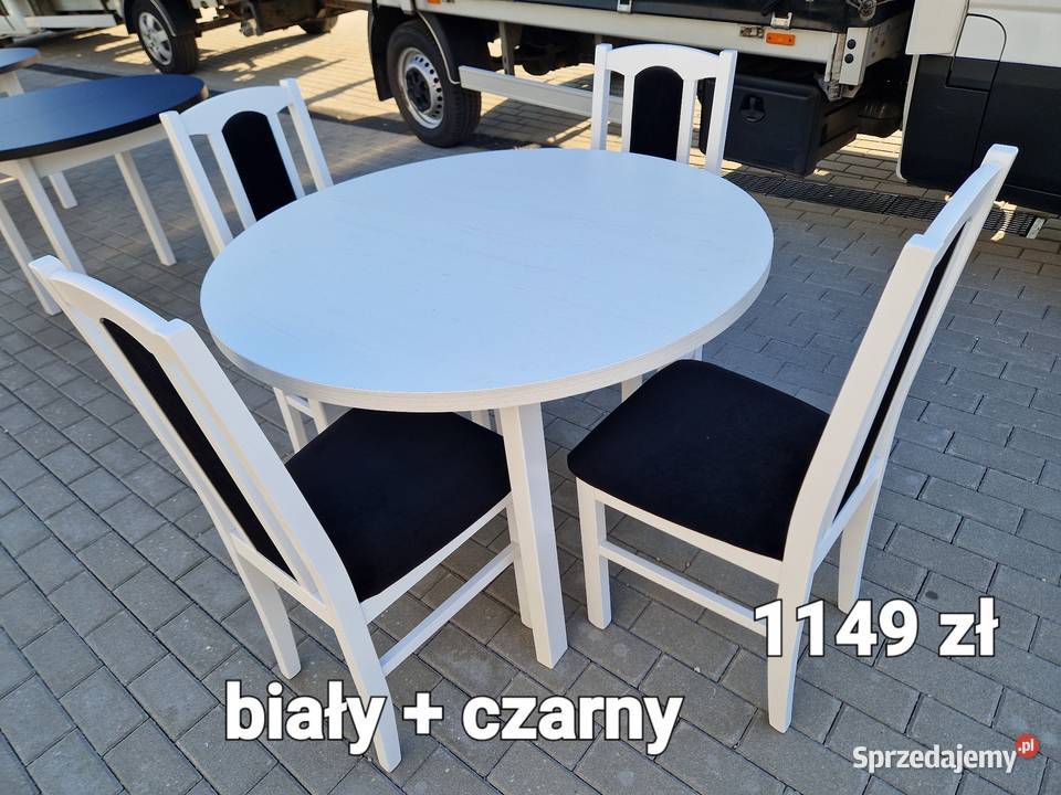 Nowe: Stół okrągły + 4 krzesła, biały + czarny , dostawa PL