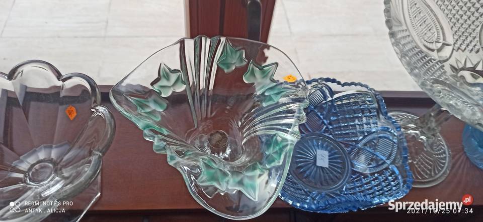 Patera na nodze liście zieloneszkło kryształowe Gdańsk