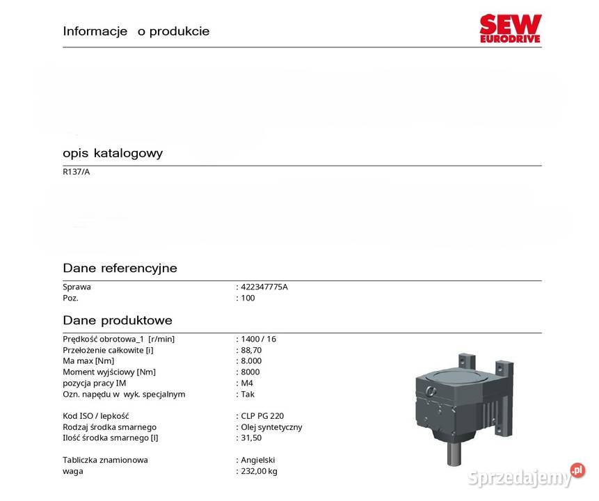 motoreduktor przekładnia 75kW 16obr SEW Pigża