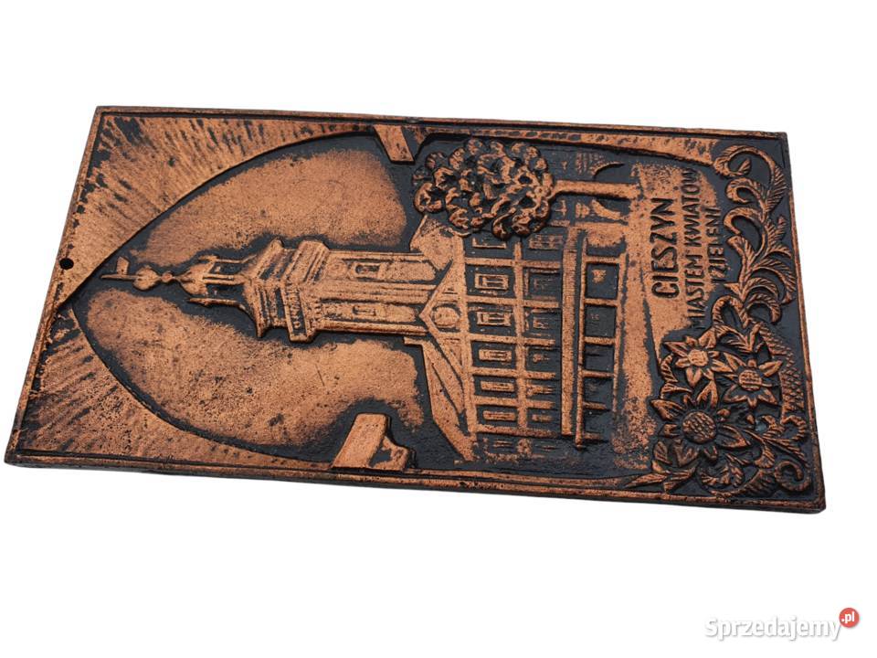 Stary obraz żeliwo płaskorzeźba Cieszyn lata 60