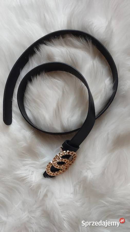 Czarny pasek z ozdobną złotą klamrą L Skóra Ekologiczna Olkusz