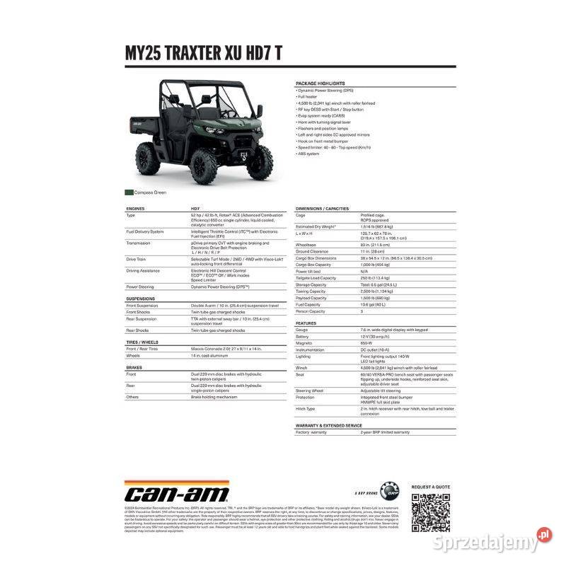 BRP CANAM TRAXTER XU HD7 T 2025 6DSN UTV benzyna Nowy Sącz sprzedam