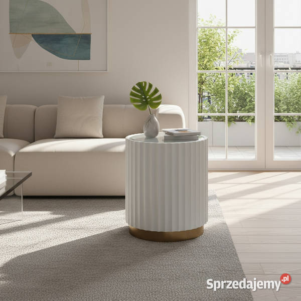 Stolik kawowy ryflowany biały okrągły złoty z Stoliki kawowe i ławy