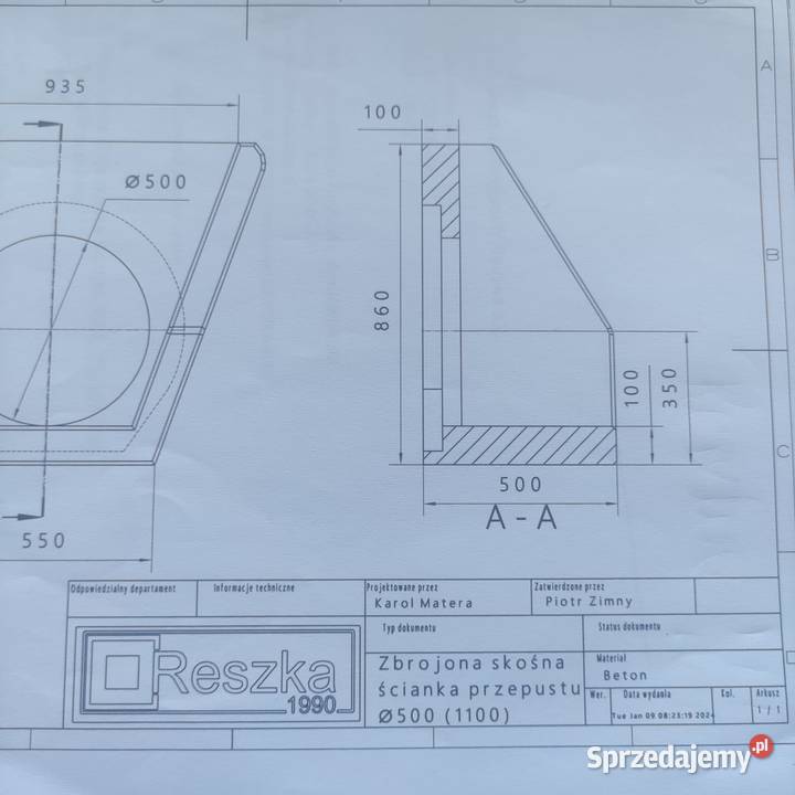 Ścianka skośna betonowa fi 500 935 przepust Pleszew