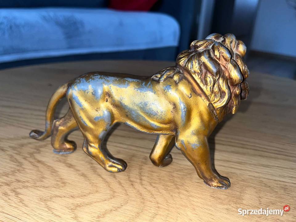 Figurka Lew Metalowa Vintage Art Deco Złota warmińsko-mazurskie Braniewo