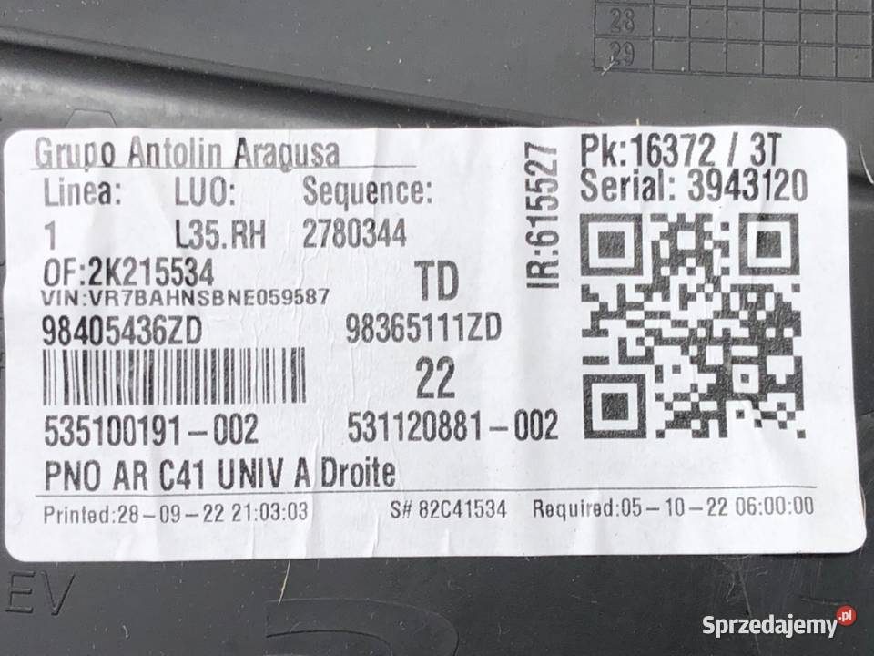 BOCZEK DRZWI PRAWY TYŁ CITROEN C4 III Hatchback