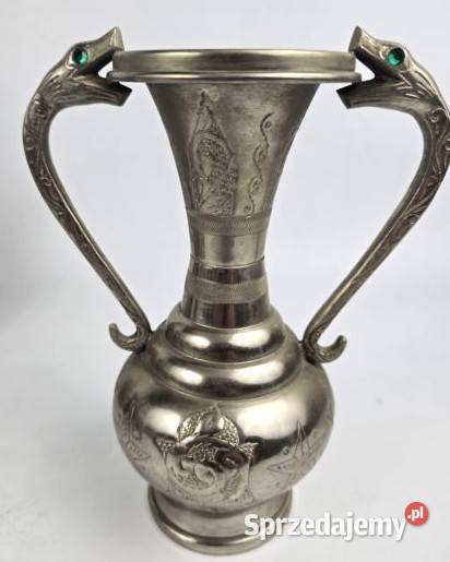 Wazon z uchwytami w kształcie głów węży metal Bronisze