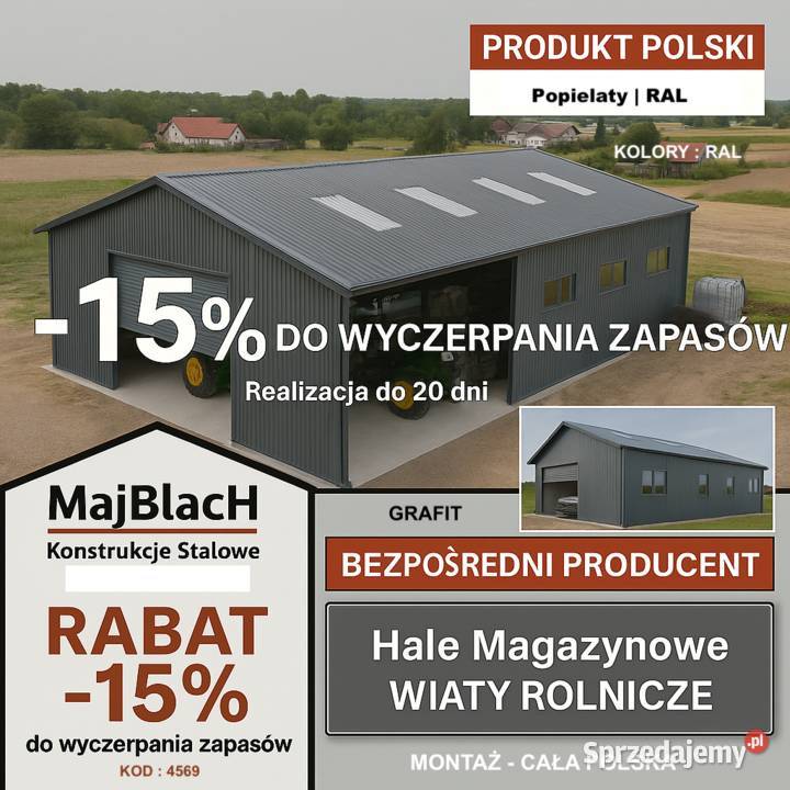 A61Duża Wiata Hala Garaż Blaszany RAL Montaż Grajewo sprzedam