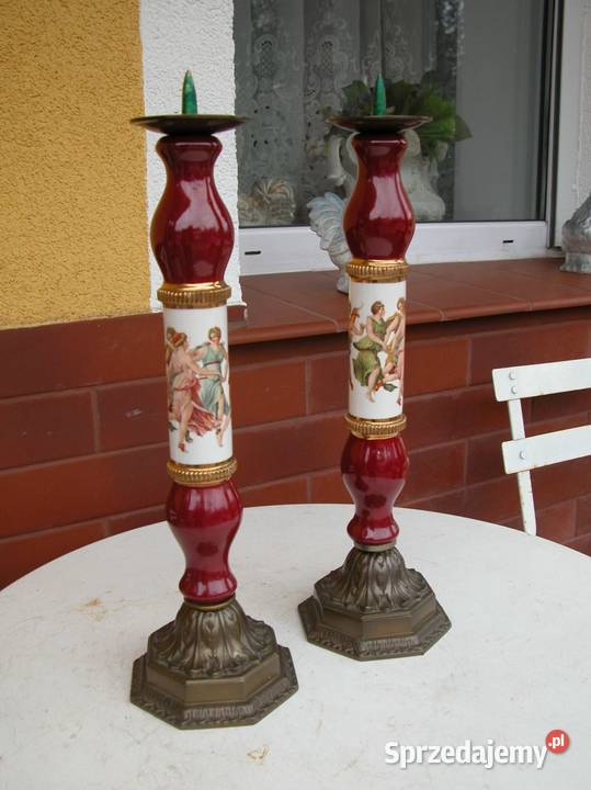 komplet starych świeczników mosiądz i porcelana Dekoracje i ozdoby