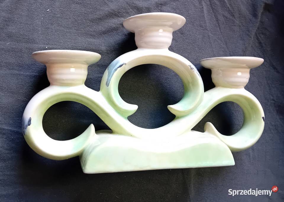 Ceramiczny turkusowy świecznik trójramienny art Koźminek
