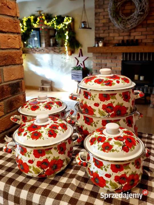 Garnki emalia duża słoneczniki maki lawenda lila