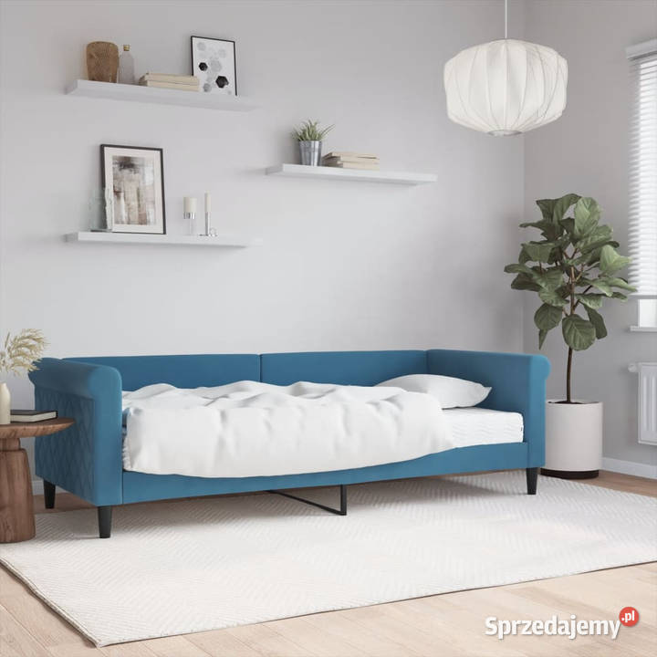 Sofa z materacem do spania niebieska aksamit 90cm