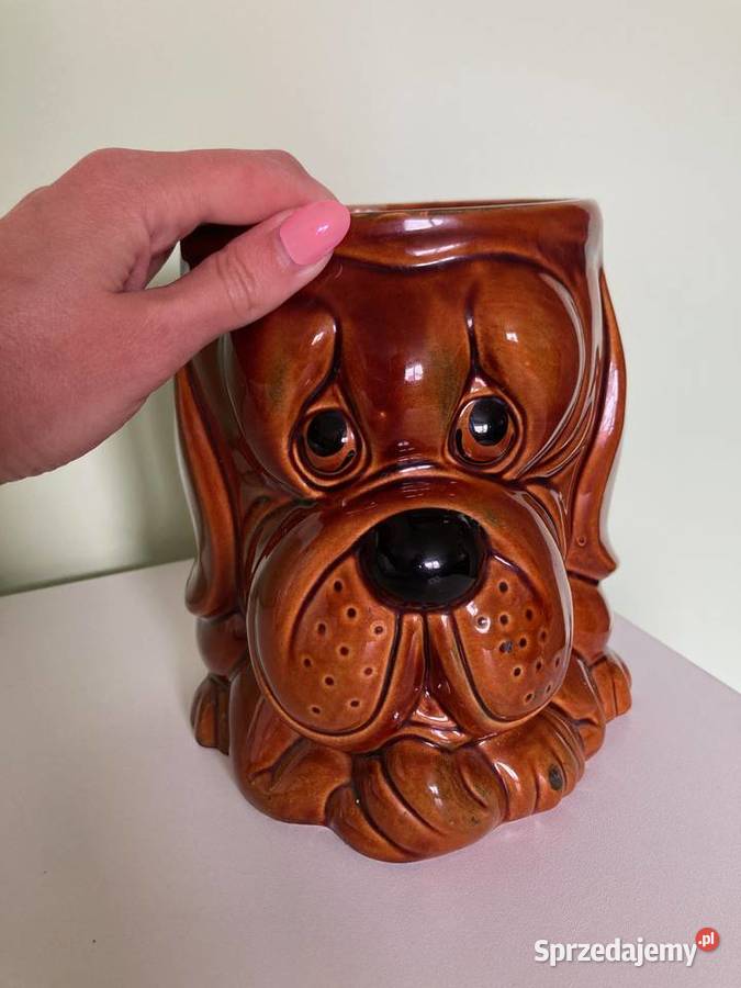 Nowa ceramiczna doniczka pies flakon vintage PK odcienie brązowego Nisko