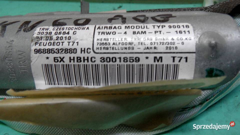 PEUGEOT 308 I 10r AIRBAG kurtyna prawa osobowe Poduszki powietrzne