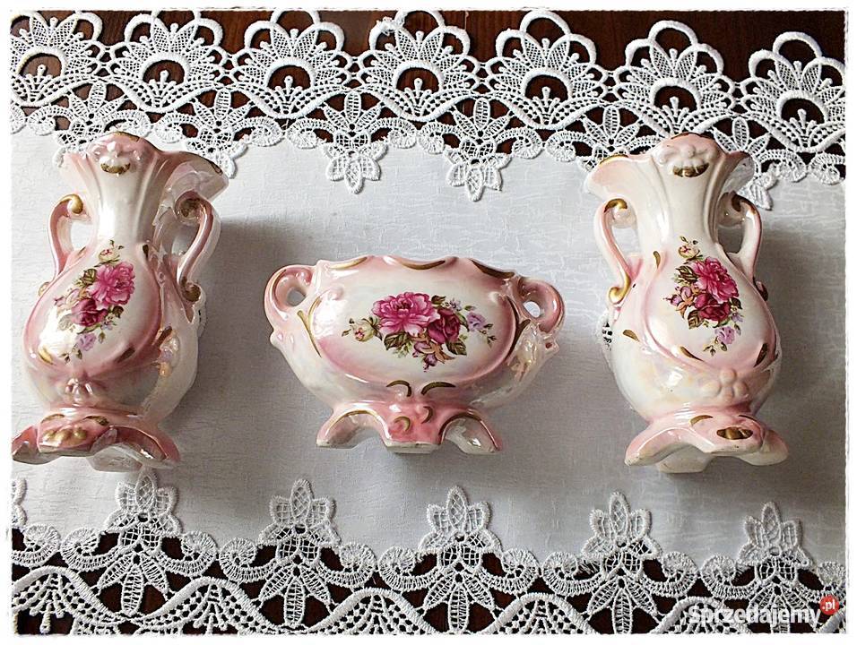 Stary porcelanowy komplet różowy kwiaty Śliczny