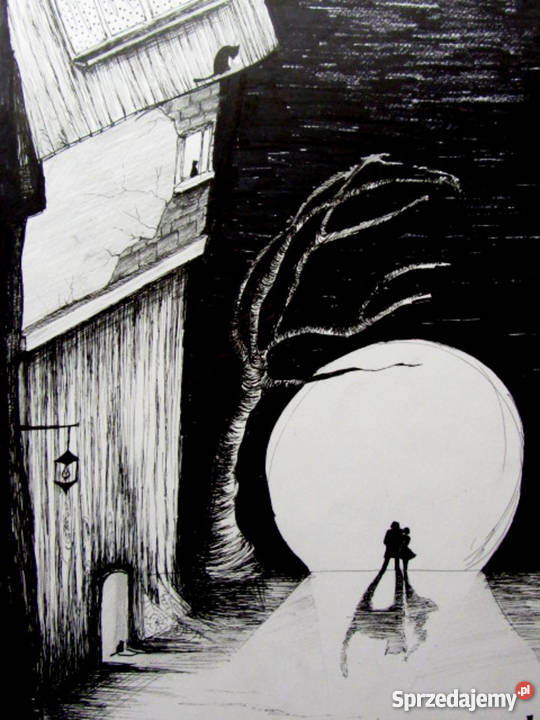 Klimatyczna grafikarysunek piórkiem Księżyc A Katowice