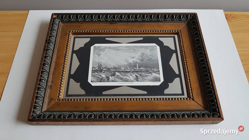 Stara grafika Cuxhaven UM 1840 w ramie z lustrem Dąbrowa Górnicza
