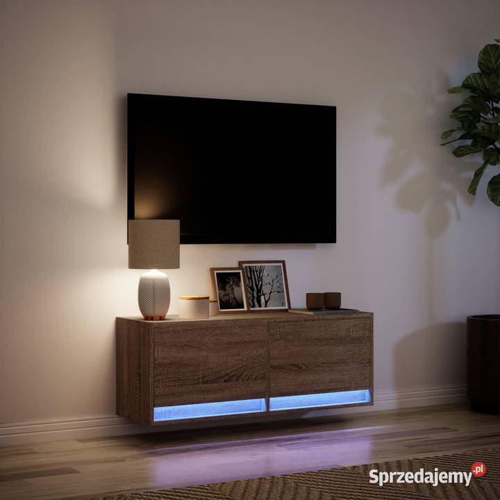 Ścienna szafka TV z LED brązowy dąb 100x31x35 mazowieckie Warszawa