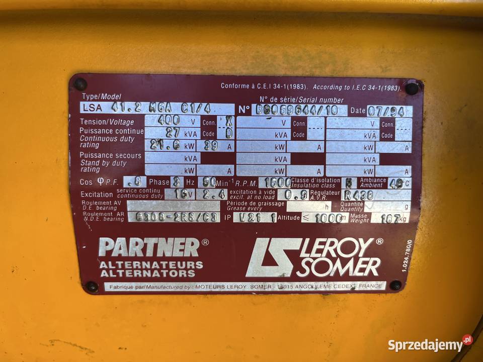 Agregat prądotwórczy 27kw Rok produkcji 1994 Pozostałe Chojnów