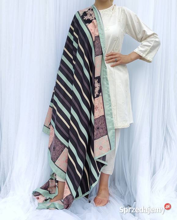 Duży szal w pasy orient granatowy miętowy